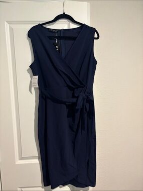Leslie Fay Navy Sleeveless Wrap Midi Dress with Tie